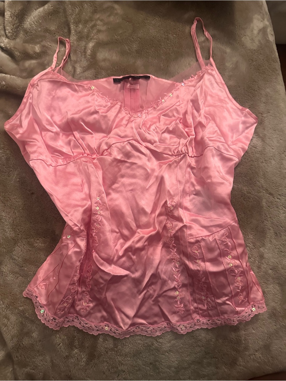 Pink Satin Lace Trim Cami Top